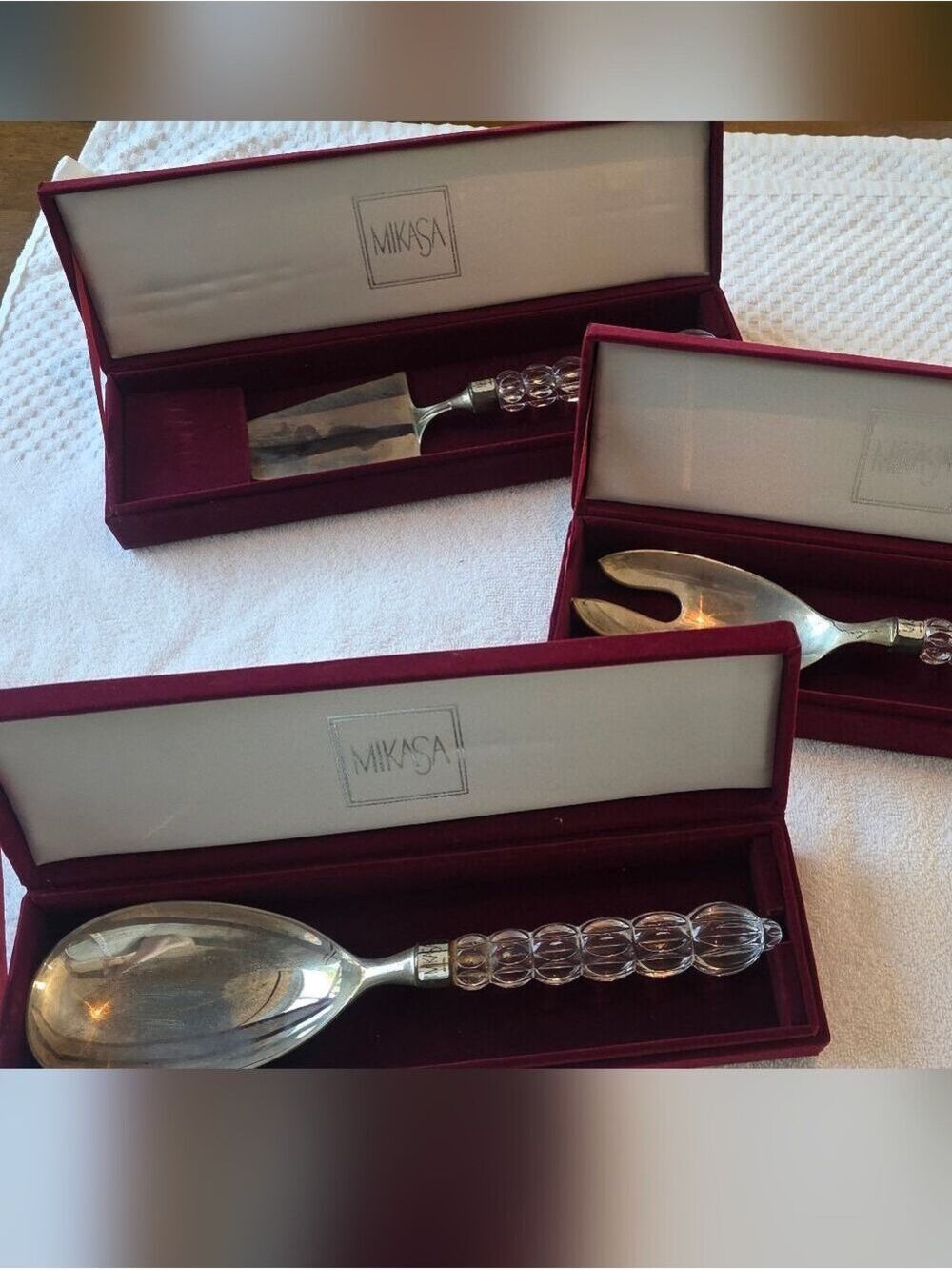 Set Of 3 Mikasa Silver Plated And Crystal Serving Utensils In Velvet Boxes